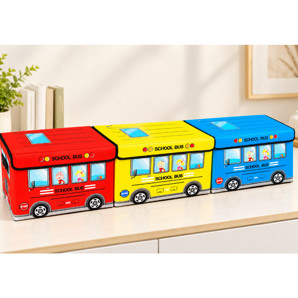 Red, yellow, and blue school bus storage boxes lined up on console table