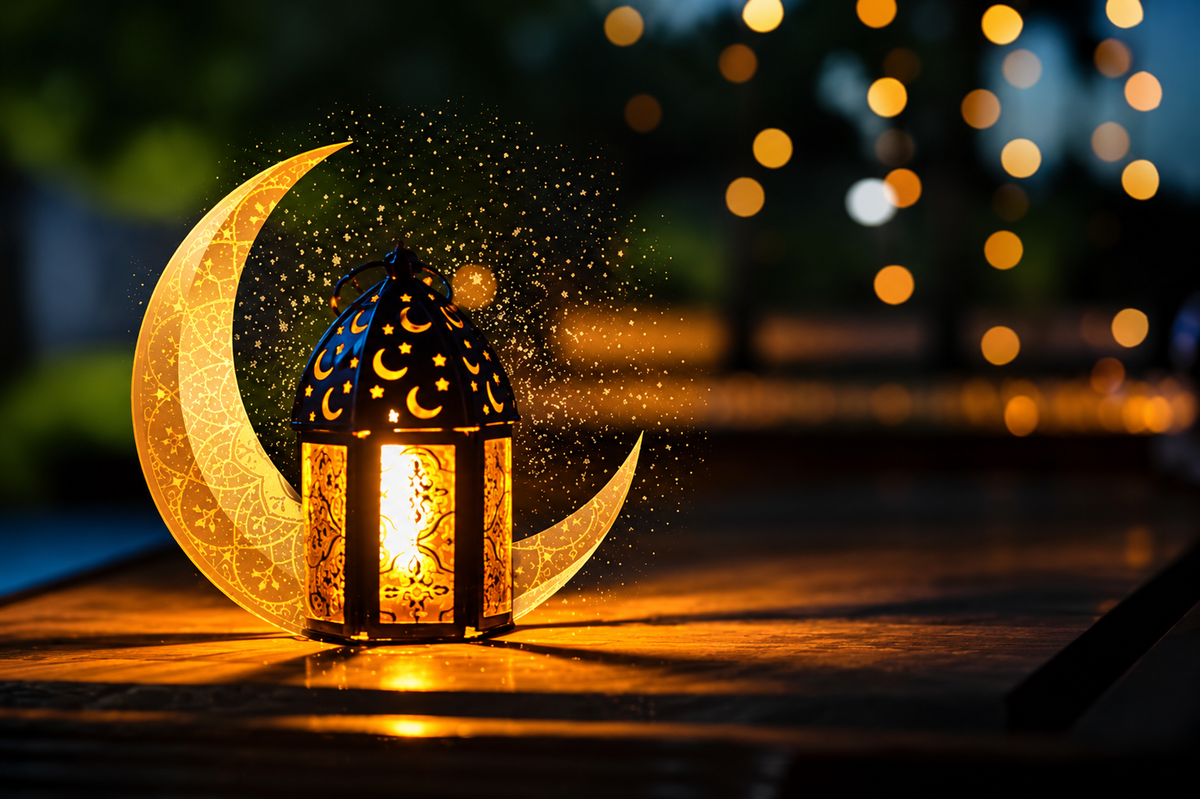 Glowing Eid Lamp with Crystal Moon Backside with Dark Background