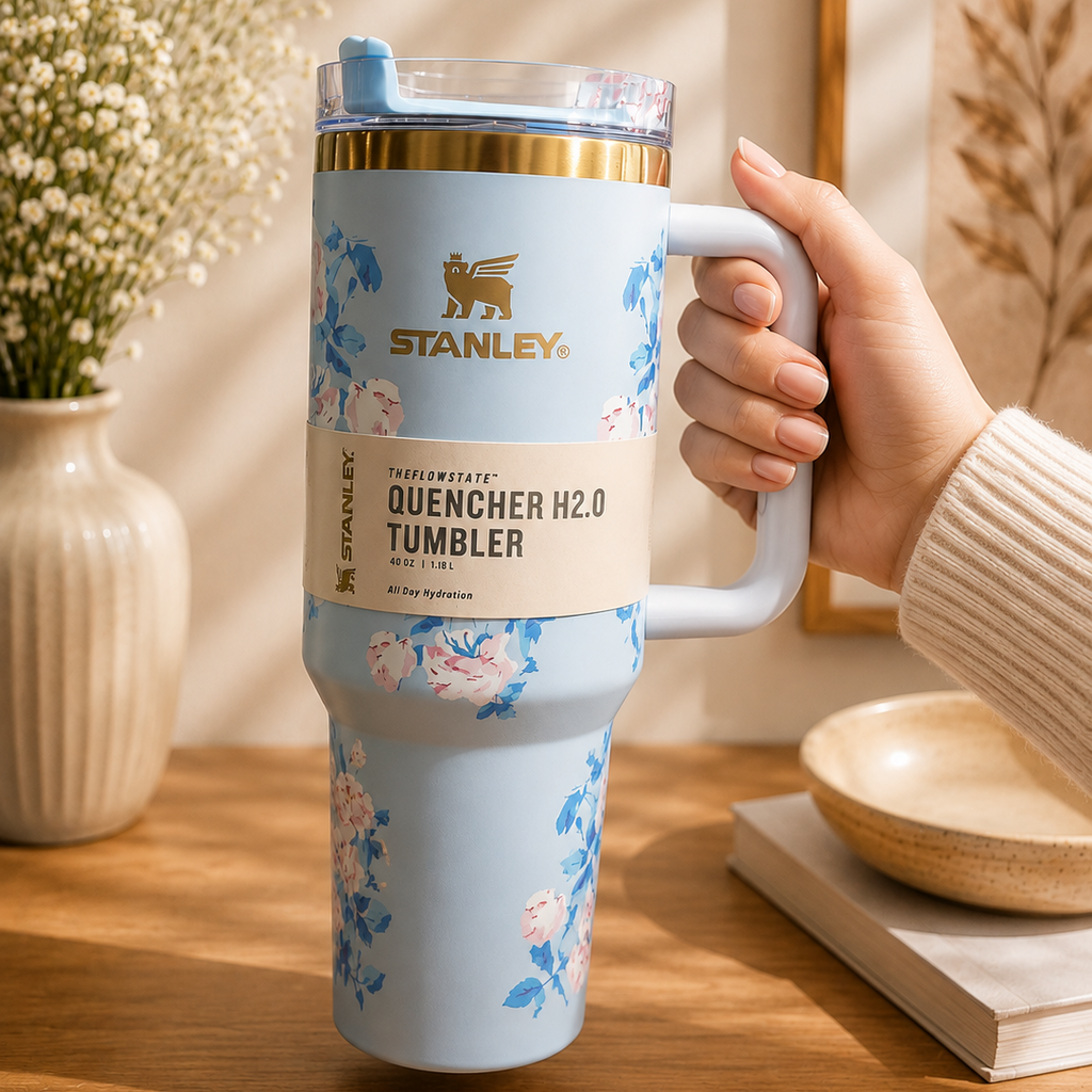 A hand holds a light blue Stanley Quencher H2.0 tumbler with a floral pattern, gold band, and clear lid on a wooden table with a vase of flowers and a book in the background.