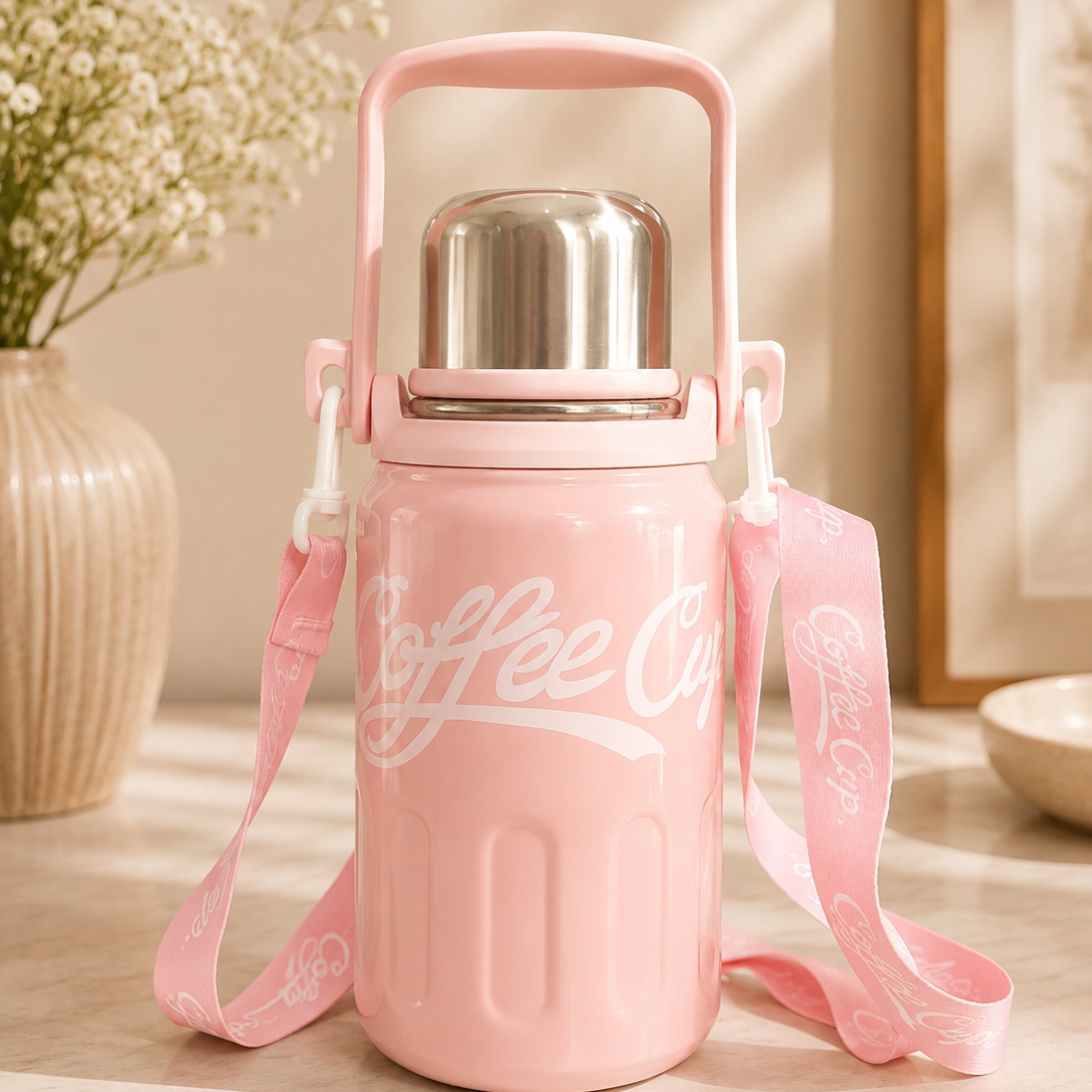 A pink insulated coffee cup with a stainless steel lid, carrying handle, and matching pink shoulder strap, styled on a tabletop with soft warm lighting and blurred decor in the background.