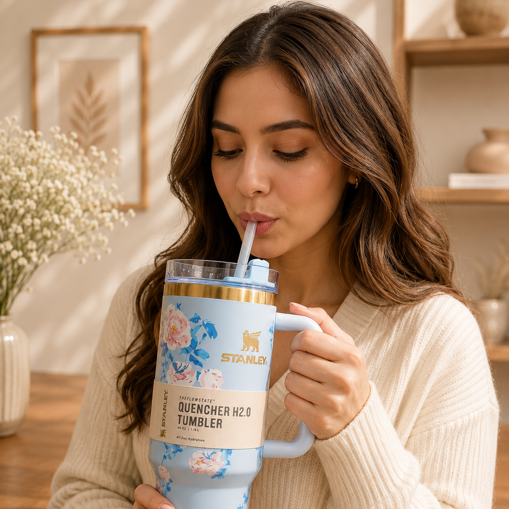 A woman in a cream ribbed sweater holds a light blue floral Stanley Quencher N2.0 Tumbler with a straw and handle in a warm, sunlit indoor setting.