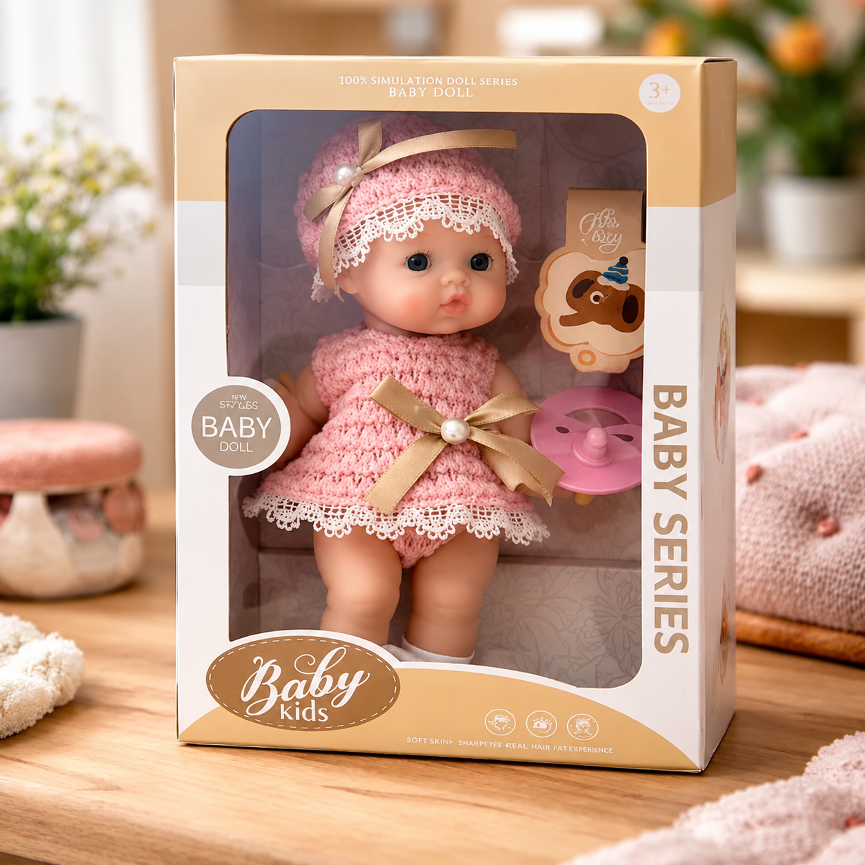 Baby doll in pink outfit with matching accessories in a 'Baby Kids' box on a wooden surface.