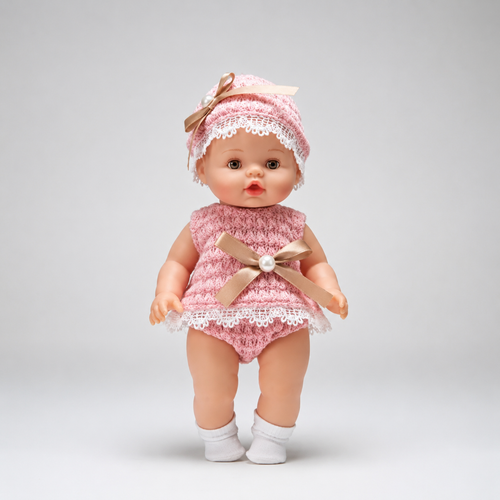 Baby doll in a pink outfit with a bow on a gray background