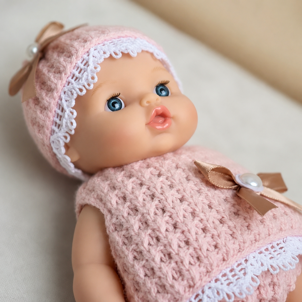 Baby doll wearing a pink knitted outfit with a bow and lace details on a neutral background