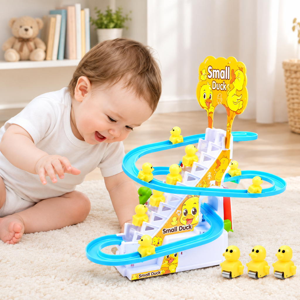 Baby smiling while playing with Small Duck climbing stairs toy on rug