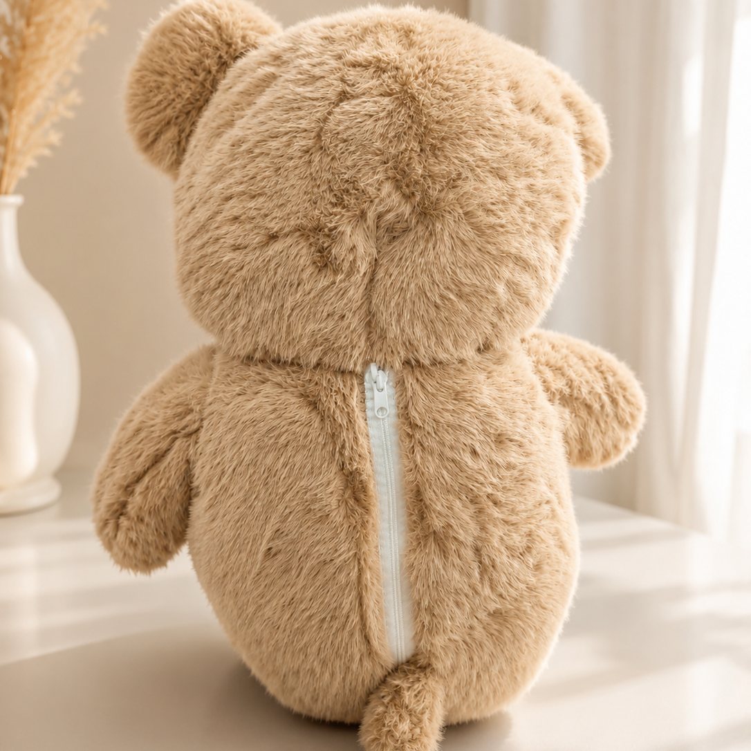 Back view of plush teddy bear showing zip closure