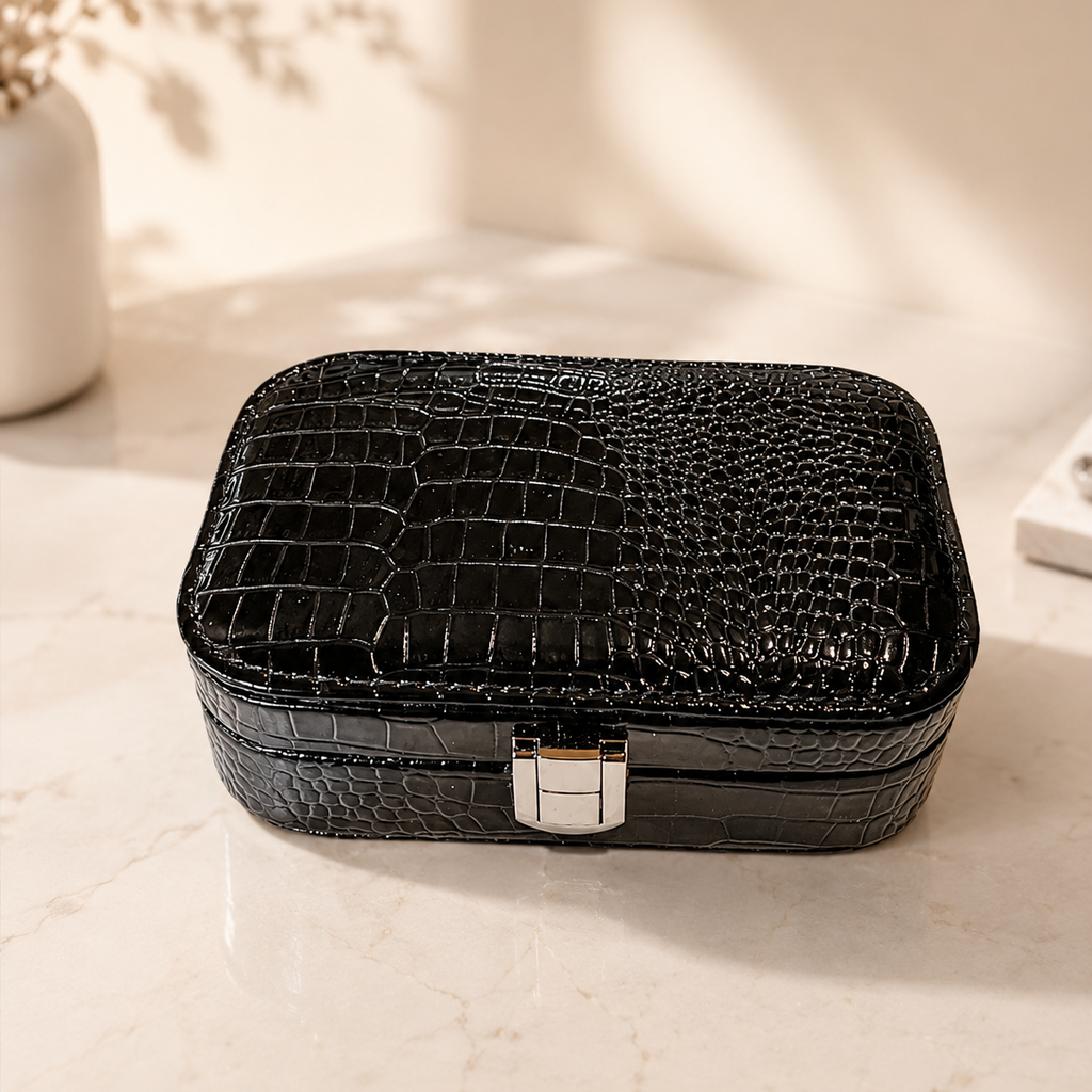 Black crocodile print jewelry box styled on marble surface with vase