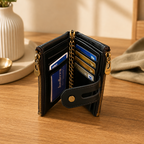 Black leather card wallet open showing card slots and ID window with chain