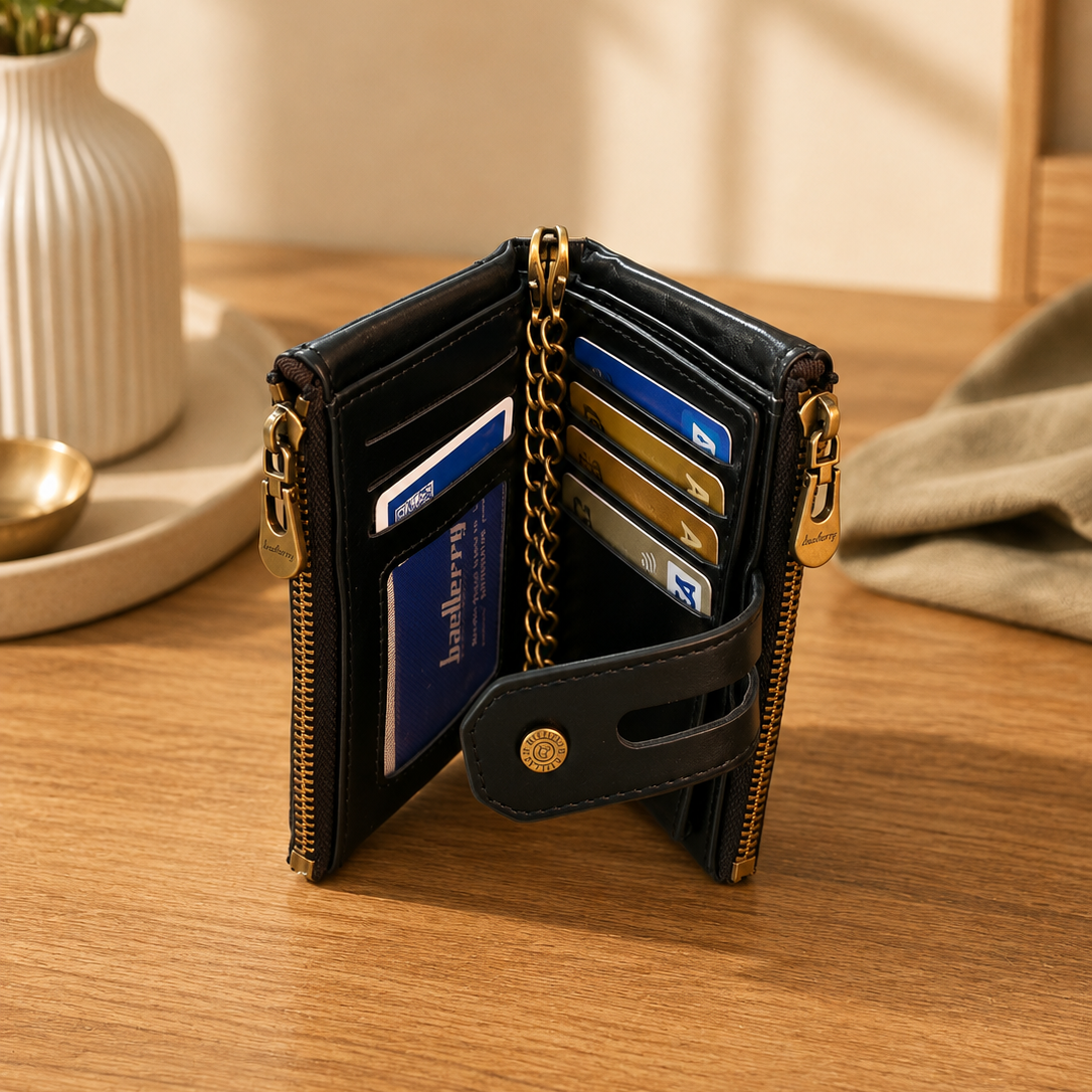 Black leather card wallet open showing card slots and ID window with chain