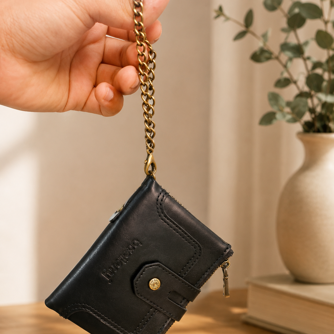 Black leather wallet held by chain strap in hand