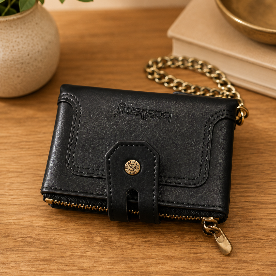 Black leather wallet with detachable gold chain strap on wooden table
