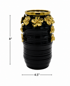 Black ribbed ceramic vase with gold floral accents and gold rim, dimension view