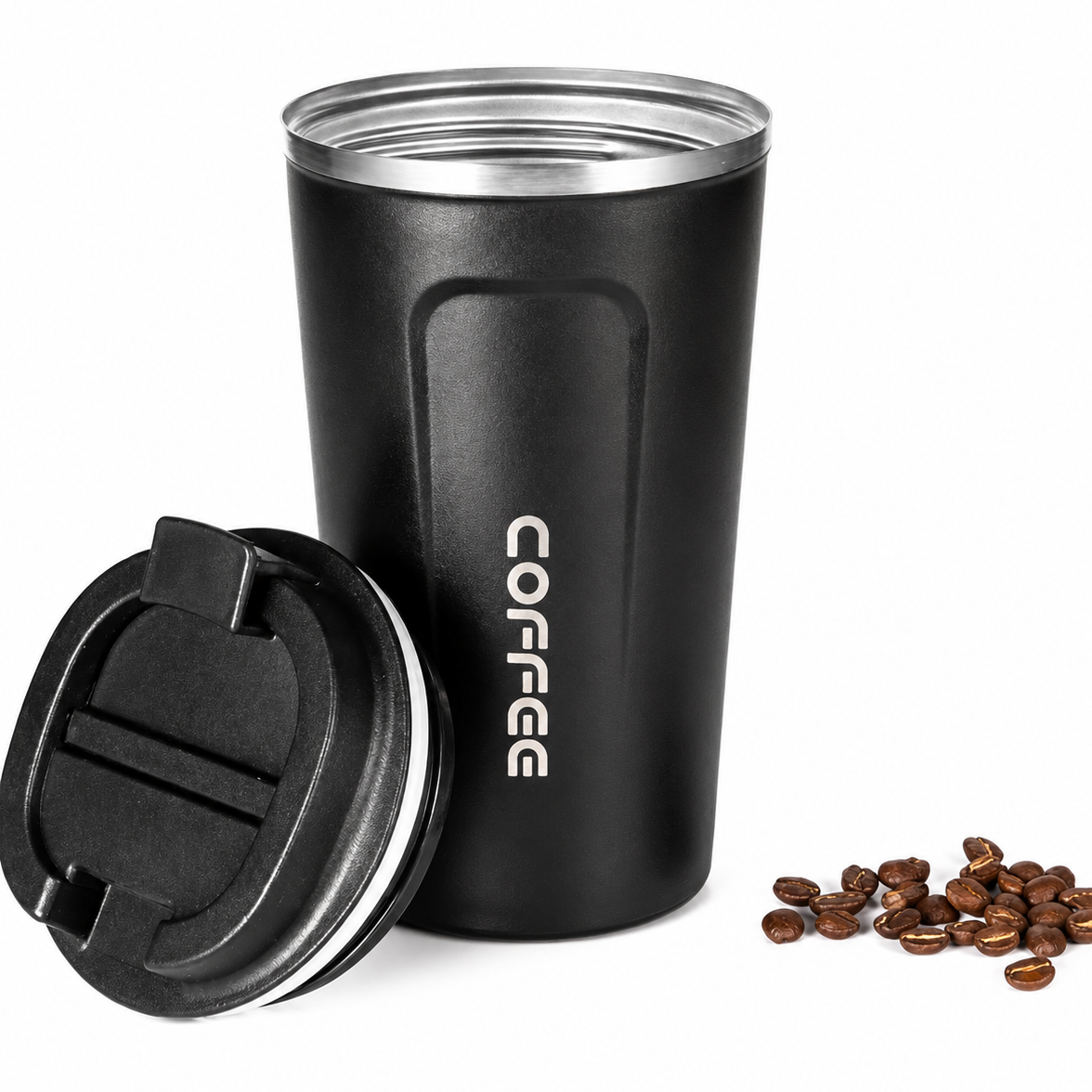 Black stainless steel travel coffee mug with flip lid open, coffee beans beside it"