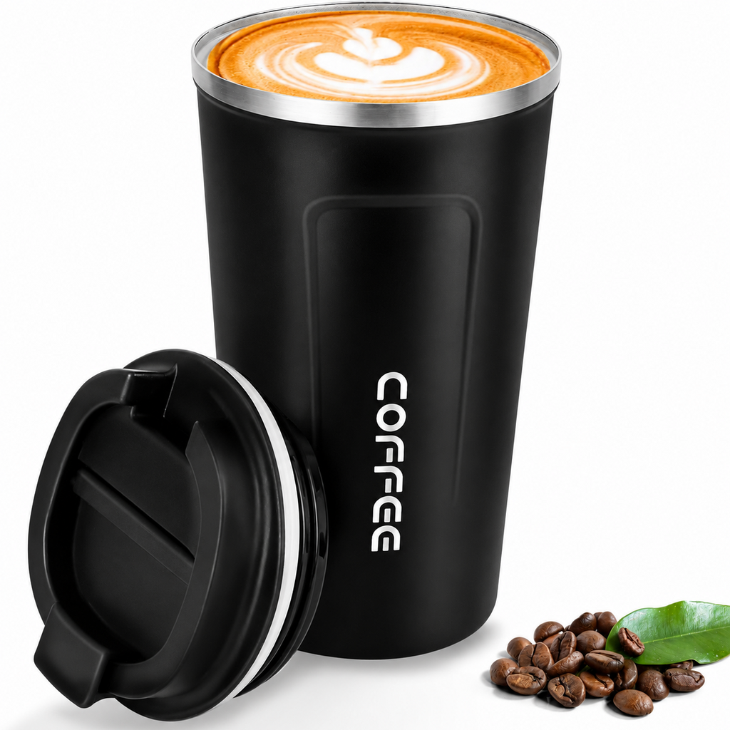 Black steel coffee travel mug filled with latte art, flip lid open beside it