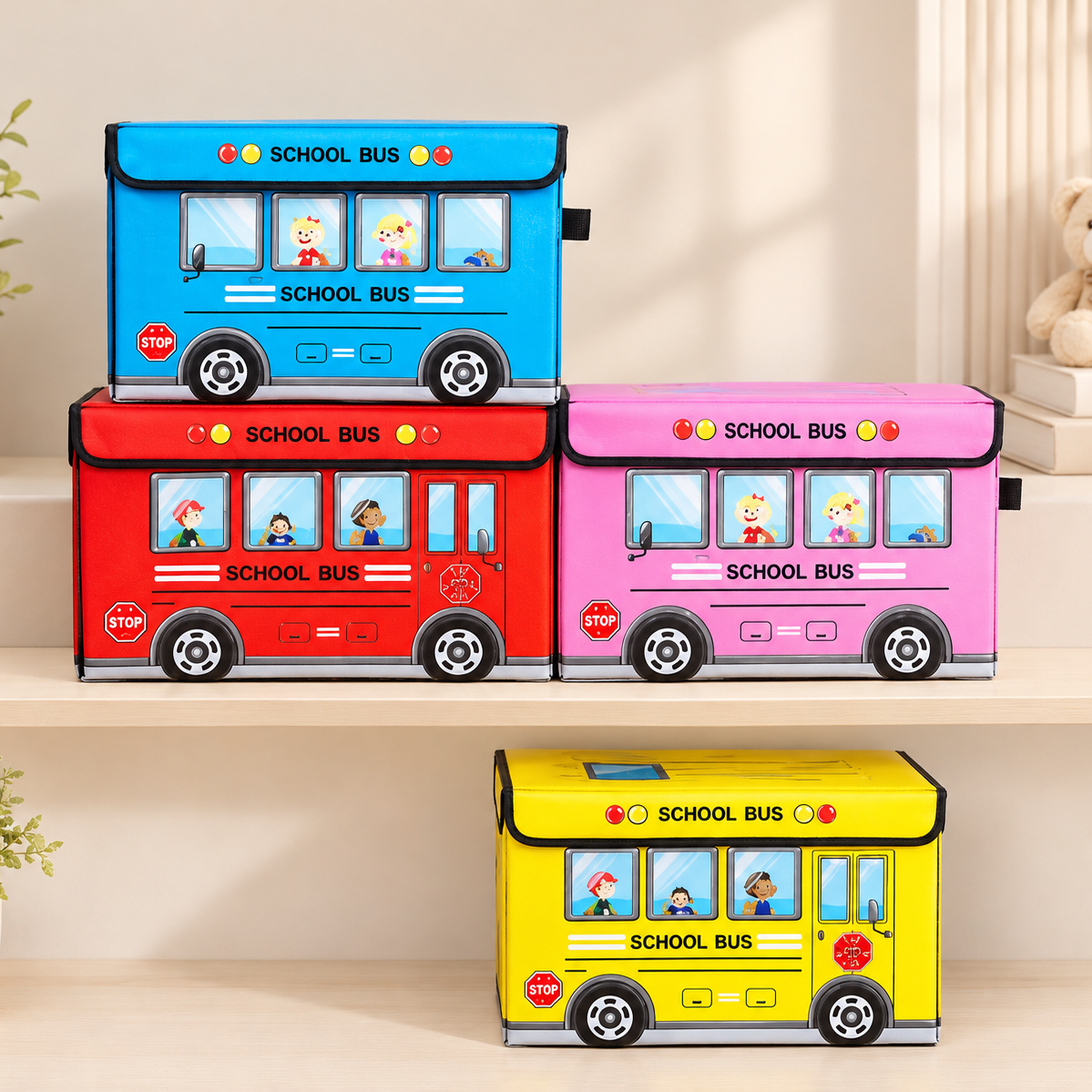 Blue, red, pink, and yellow school bus toy storage boxes stacked on shelf
