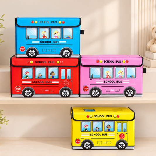 Blue, red, pink, and yellow school bus toy storage boxes stacked on shelf