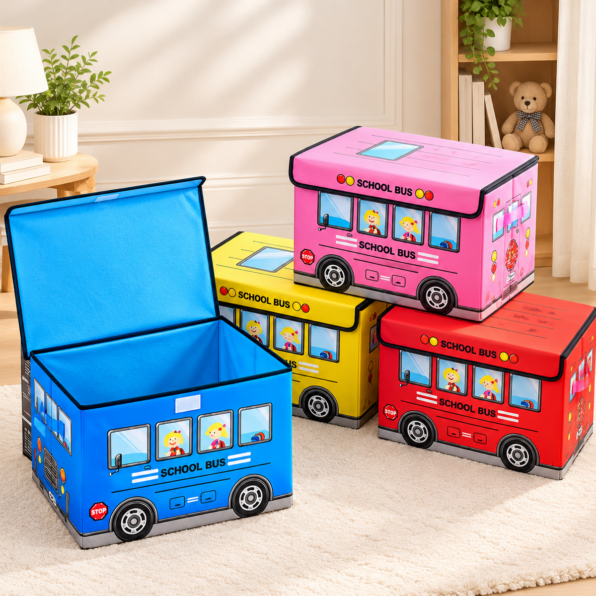Blue school bus storage box open showing spacious interior