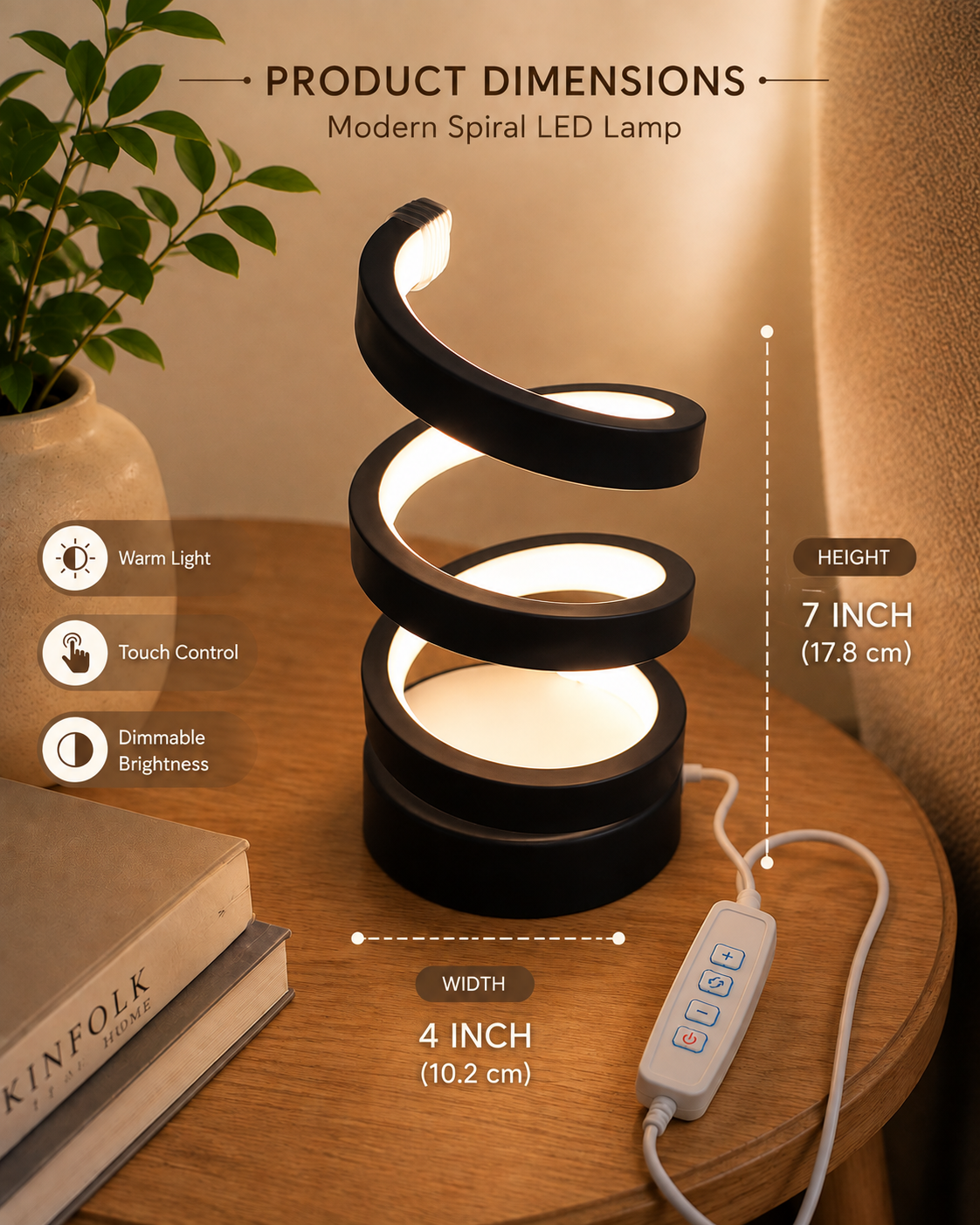 Modern Spiral LED Table Lamp – Button Control, Dimmable