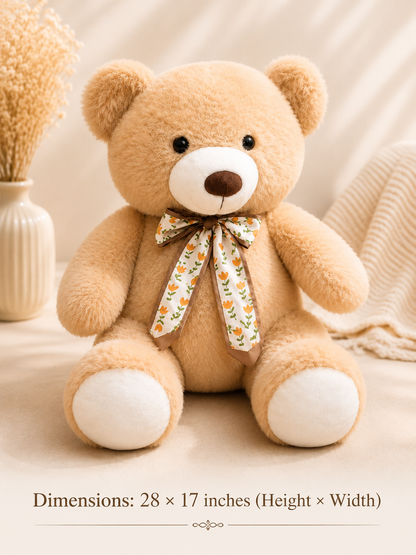 Plush Teddy Bear with Floral Bow – 28 Inch