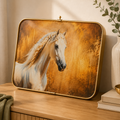 Close-up of gold framed horse art panel styled with pampas grass and bowl