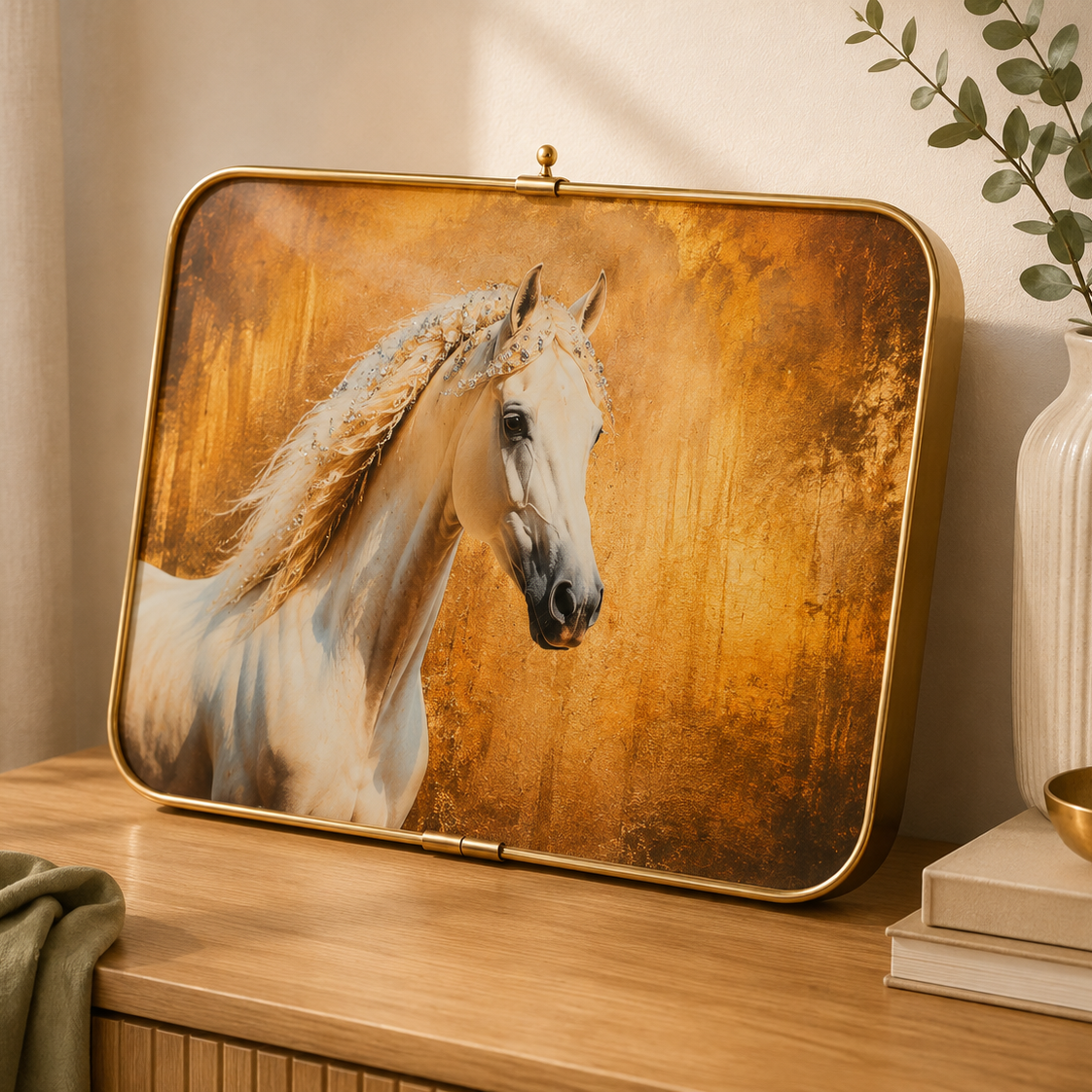 Close-up of gold framed horse art panel styled with pampas grass and bowl