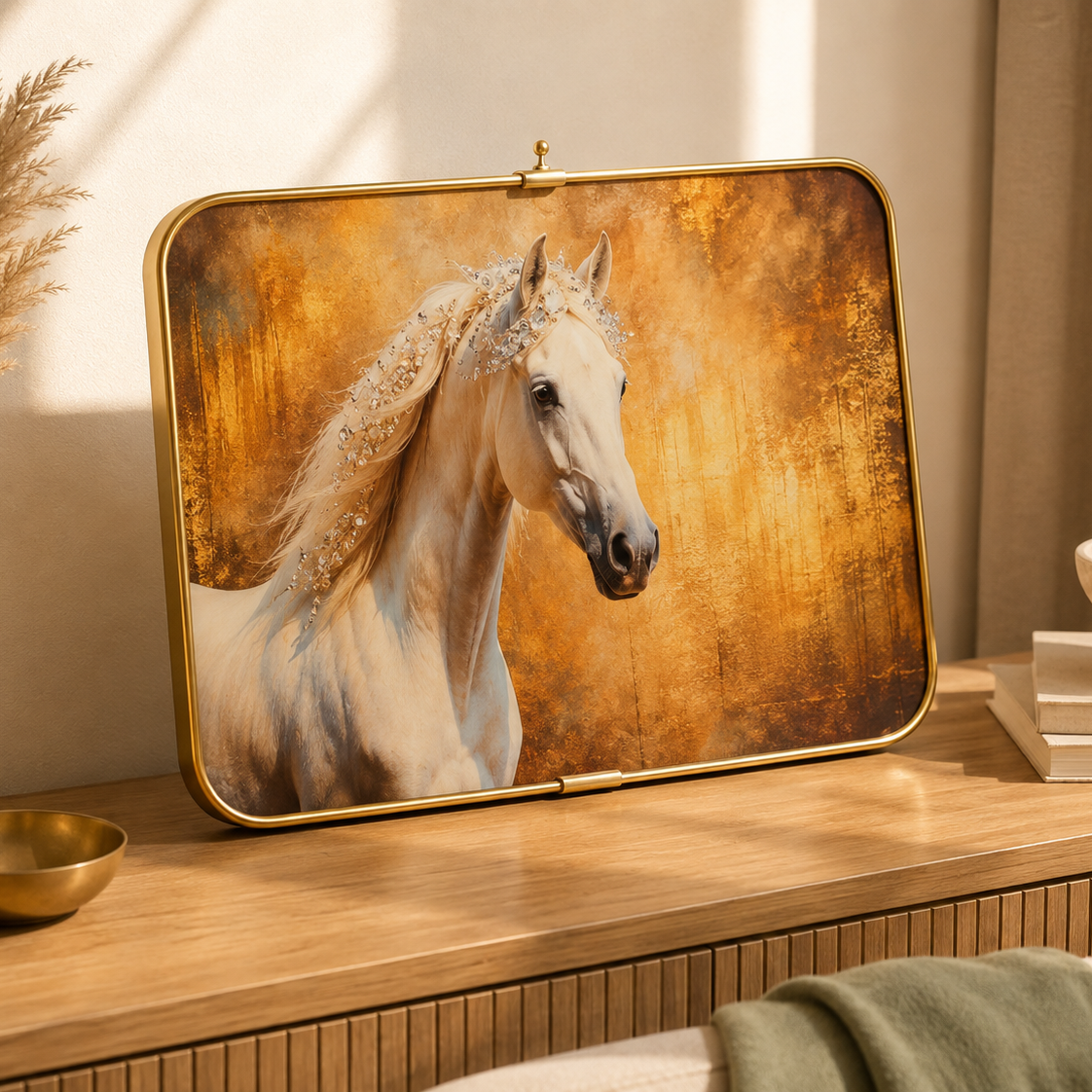 Close-up of gold framed horse art panel styled with pampas grass and bowl