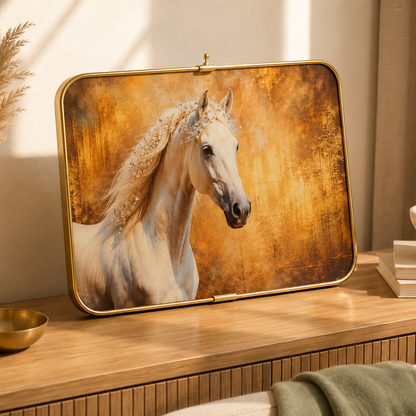 Close-up of gold framed horse art panel styled with pampas grass and bowl