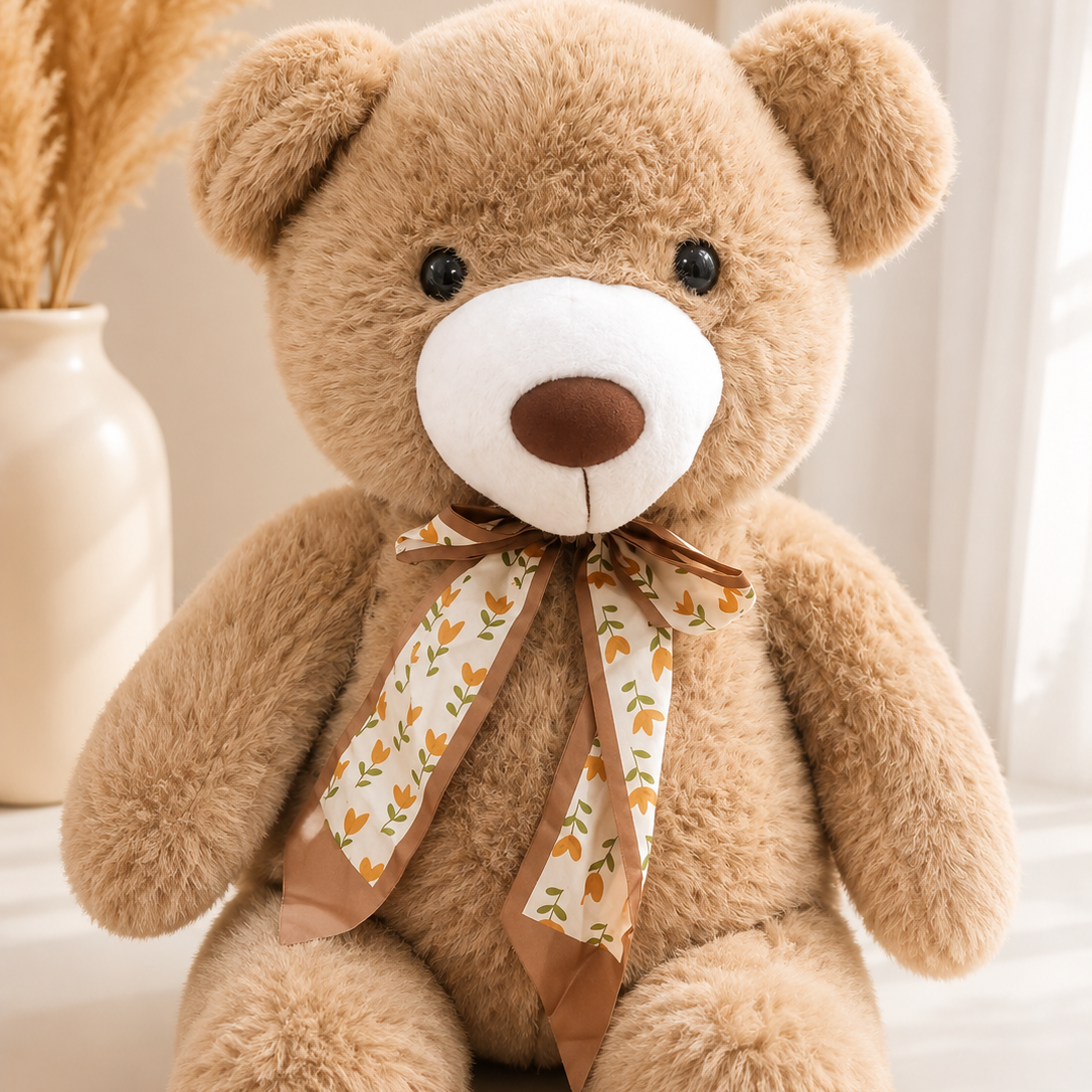 Close-up of plush teddy bear face with floral bow tie