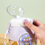 Close-up of push-button lid release on purple kids water bottle