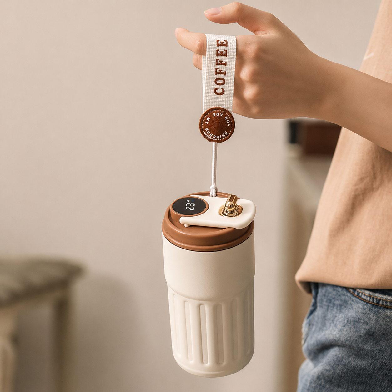 Cream and brown smart coffee mug held by wrist strap with COFFEE text and heart charm