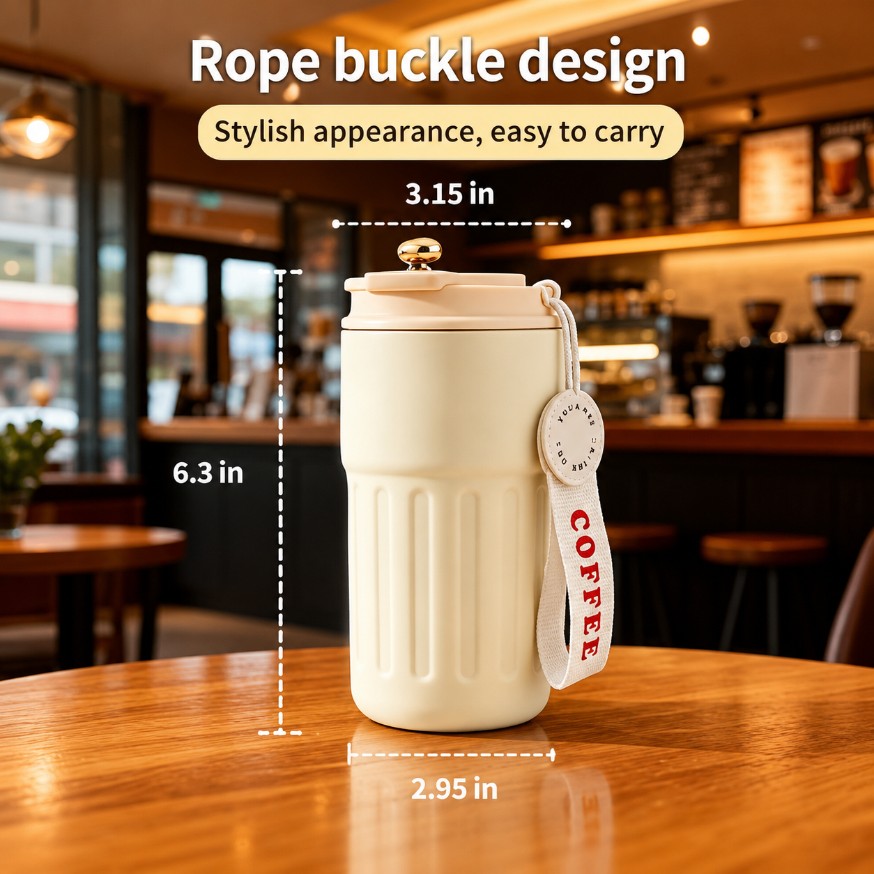 Cream smart coffee mug on the wood table with measurement in a coffee shop.