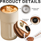 Cream stainless steel coffee mug with LED temperature display showing 23°C on lid