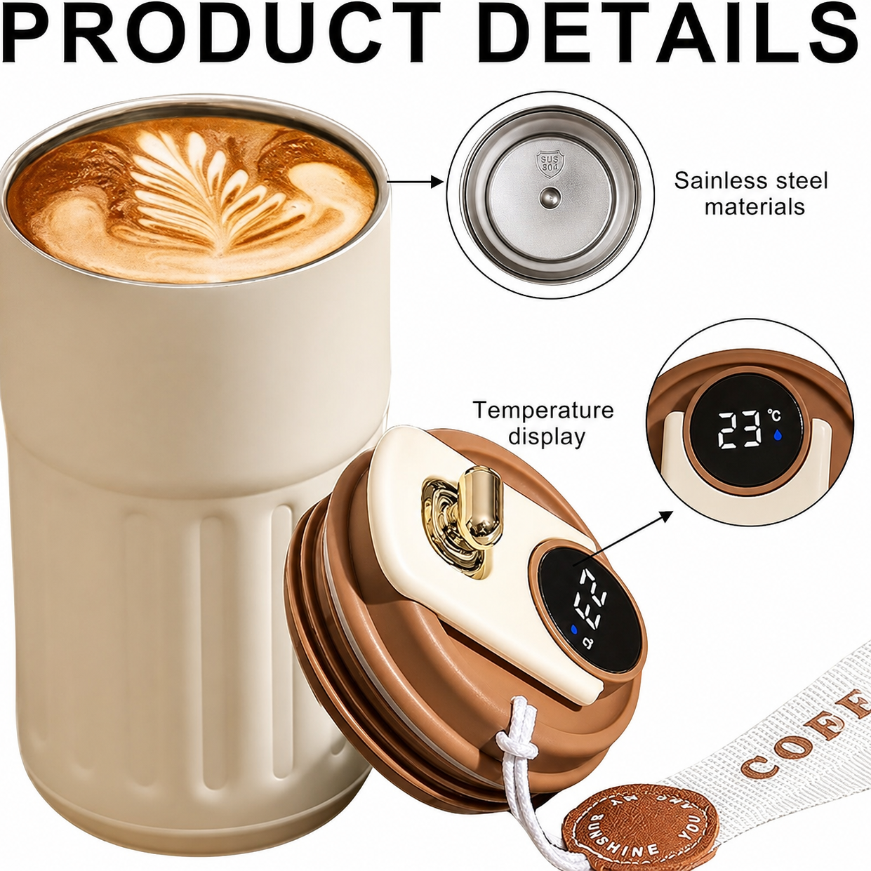 Cream stainless steel coffee mug with LED temperature display showing 23°C on lid