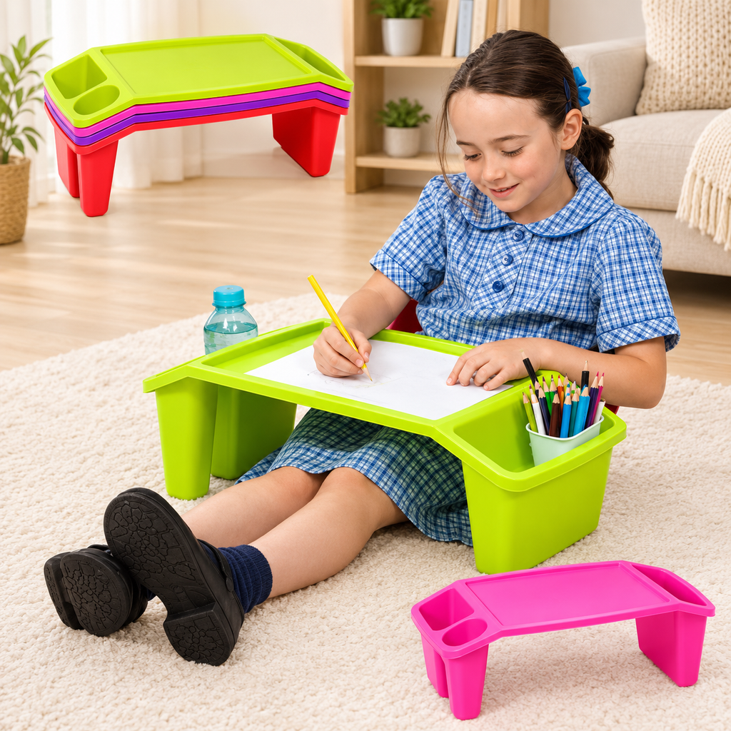 Girl using lime green kids lap desk to draw, with pink, purple, red desks nearby
