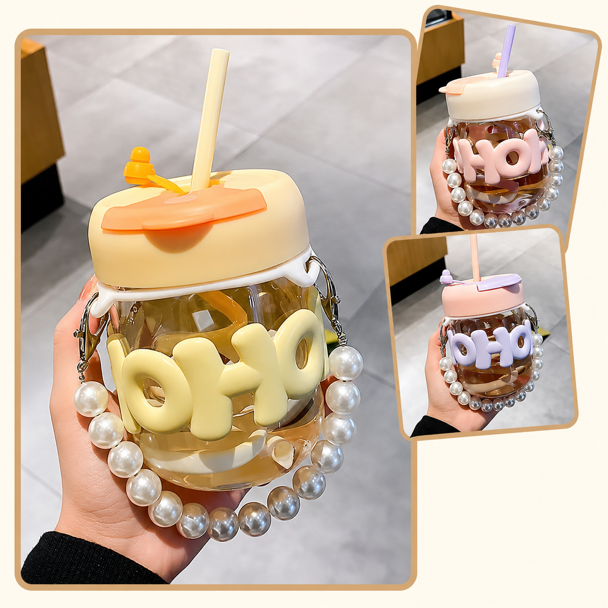 Two hands holding decorative drink containers with 'OHIO' lettering and pearl embellishments.