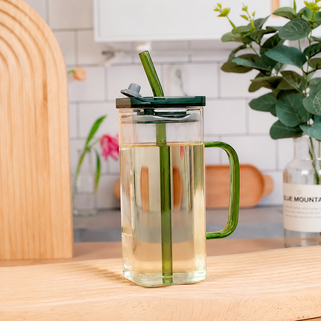 Clear glass mug with green handle and straw on a wooden surface, kitchen background