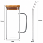 Glass mug with wooden lid and handle, dimensions shown on a white background