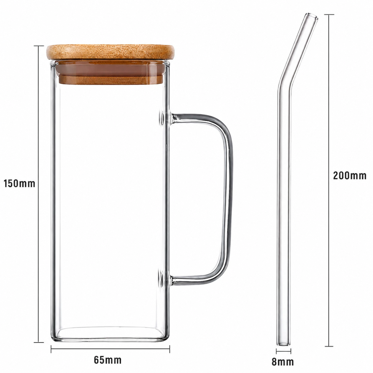 Glass mug with wooden lid and handle, dimensions shown on a white background