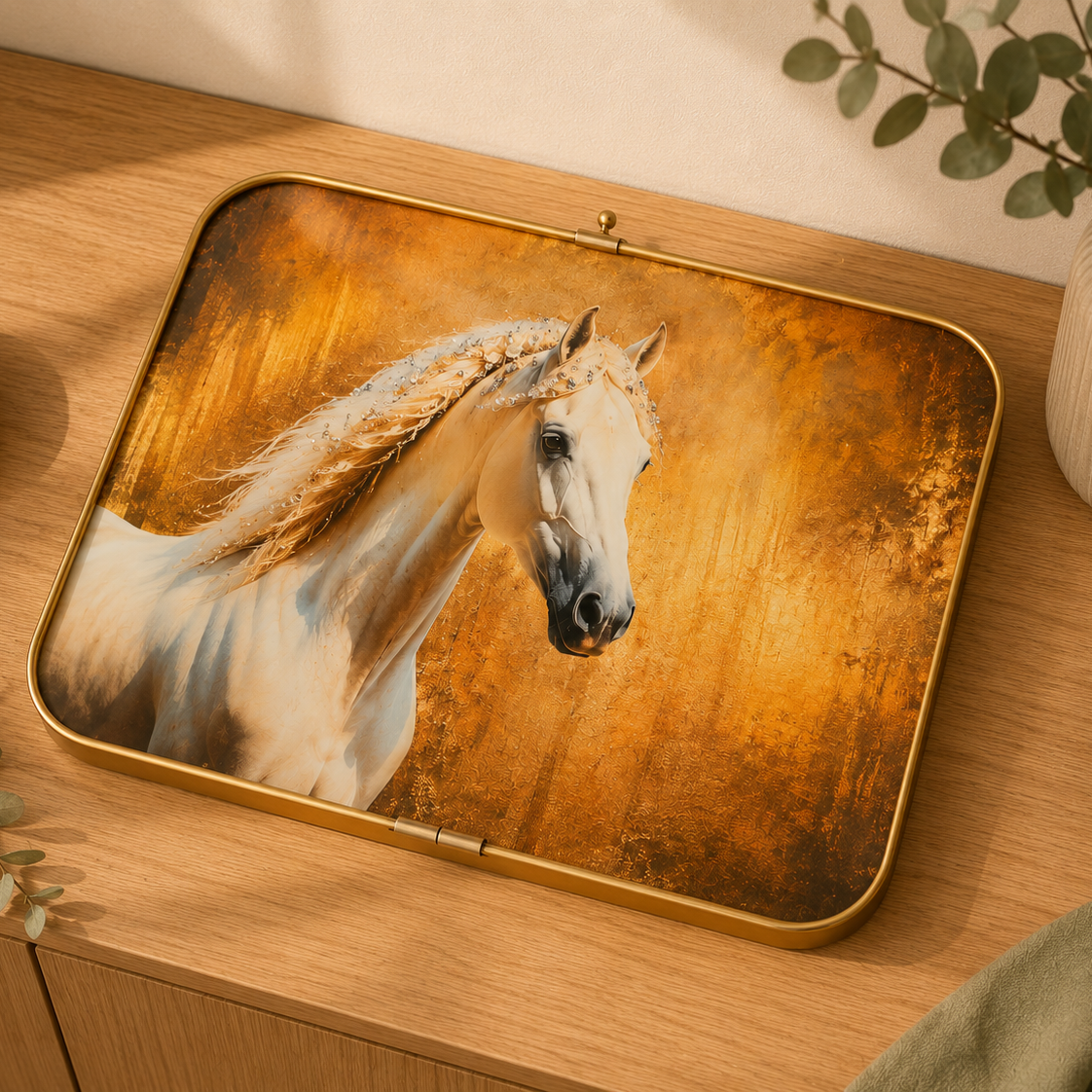 Gold framed horse art panel leaning against wall beside ceramic vase