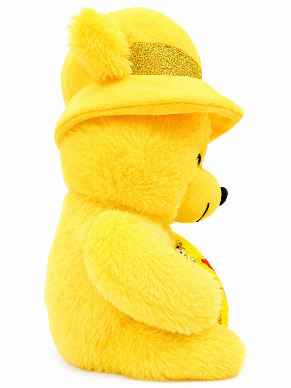 Yellow teddy bear with a hat on a white background