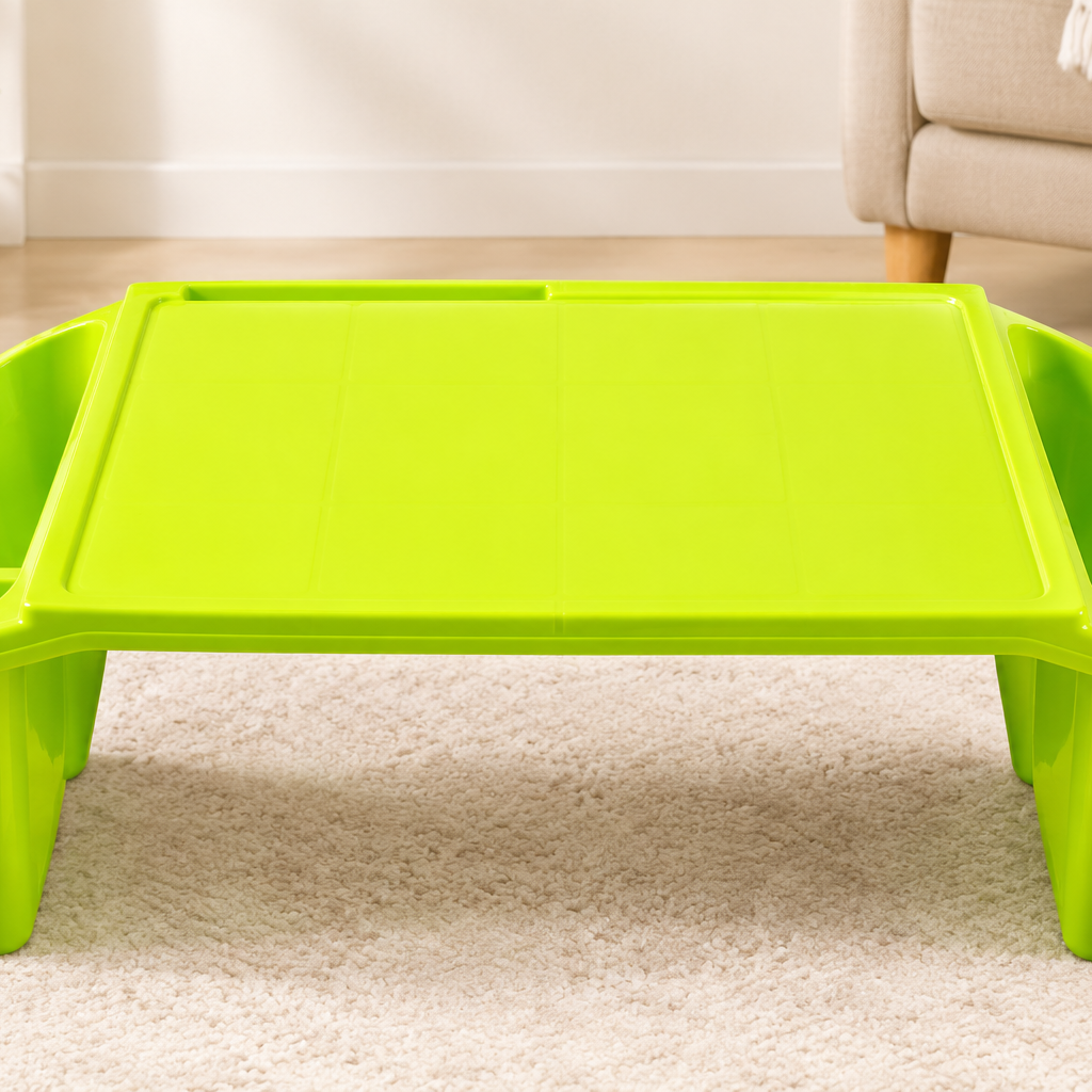Lime green kids lap desk empty, front view on rug