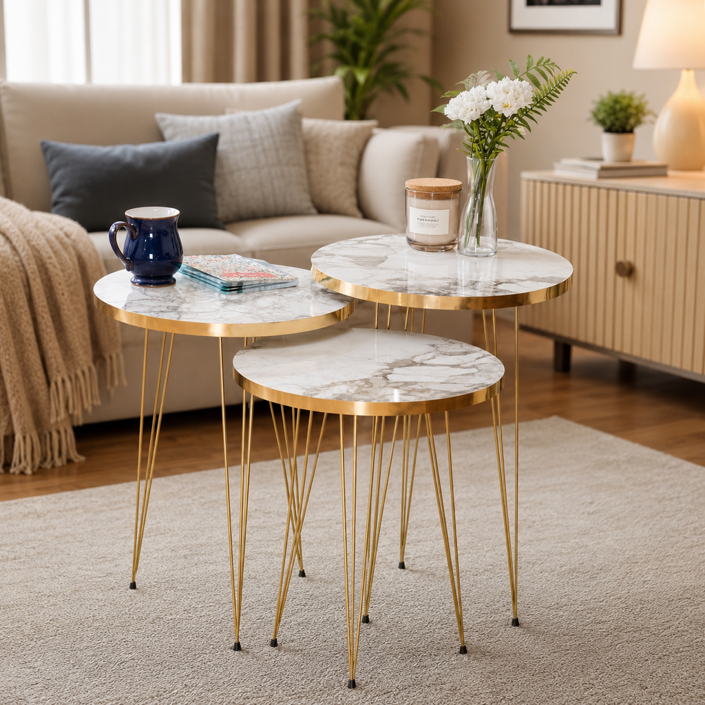 Set of marble-top side tables with gold legs in a living room setting.