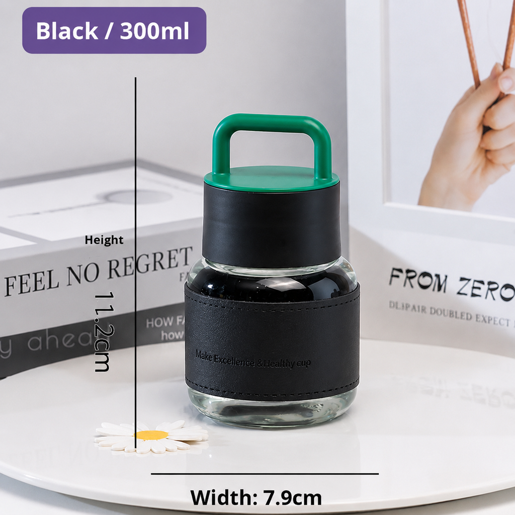 Black and green container with measurements and text on a white background