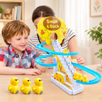 Mother and son playing with Small Duck climbing stairs toy on wooden table