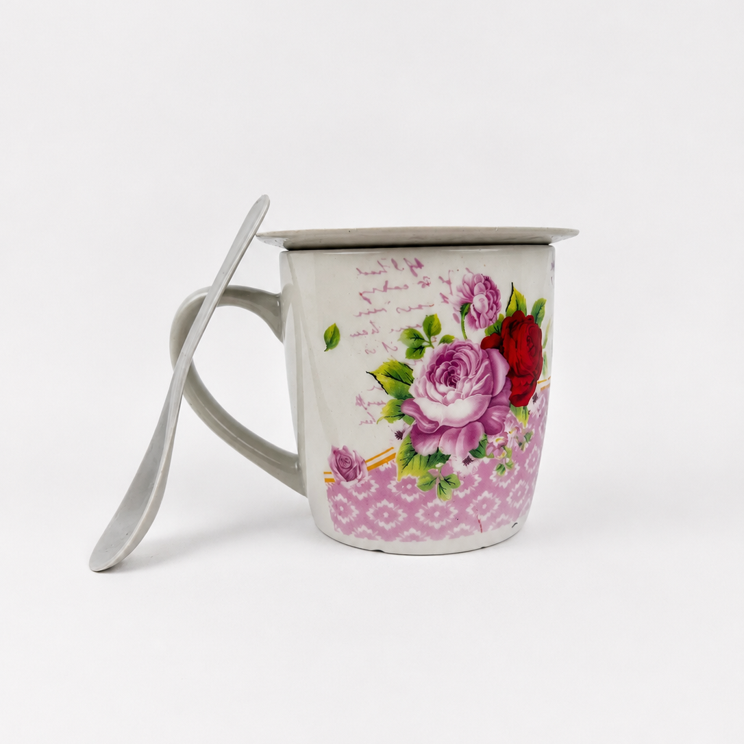 Floral-patterned mug with a lid on a white background