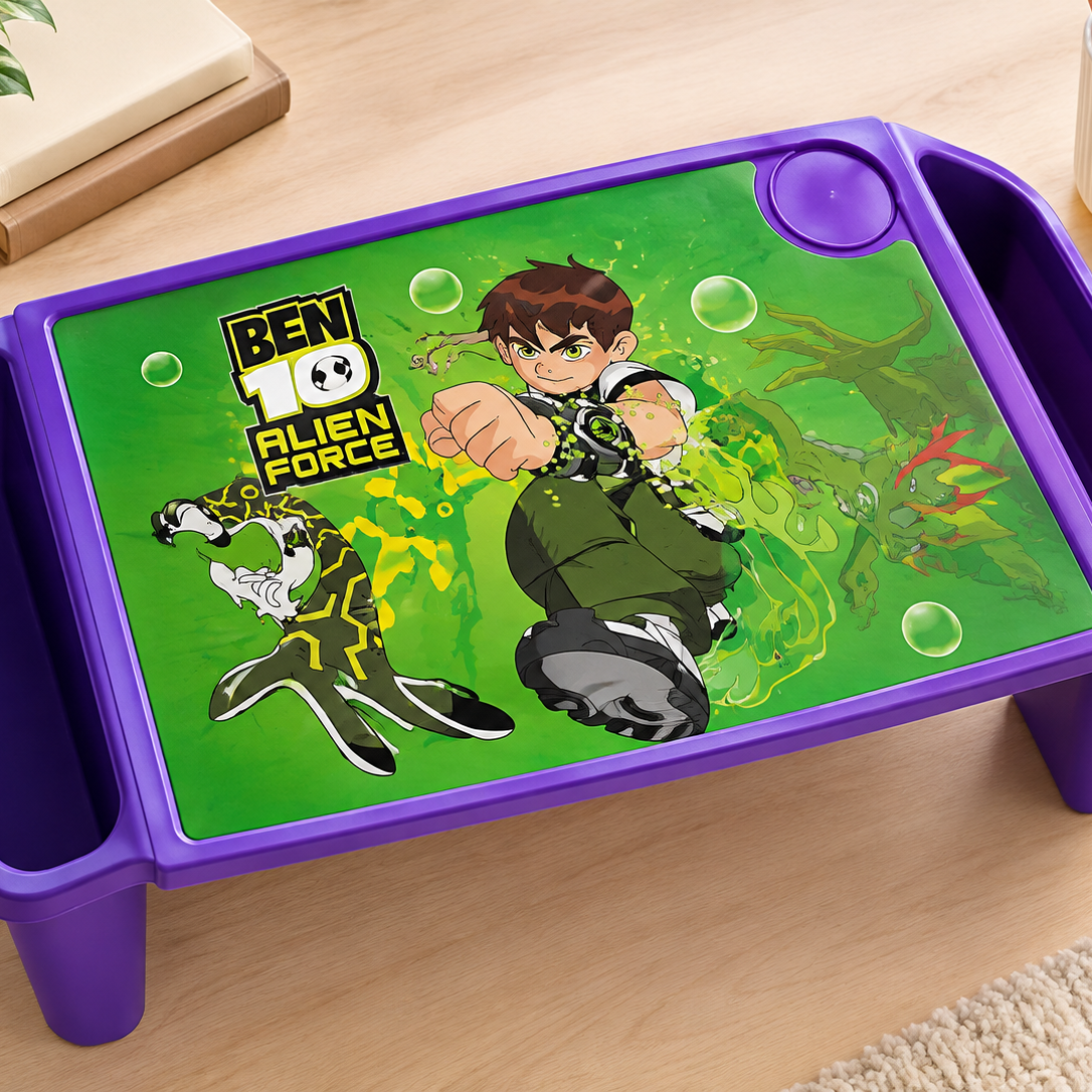 Purple kids table with Ben 10 print on front 