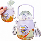 Purple kids water bottle with cartoon superhero character window and flip straw lid open