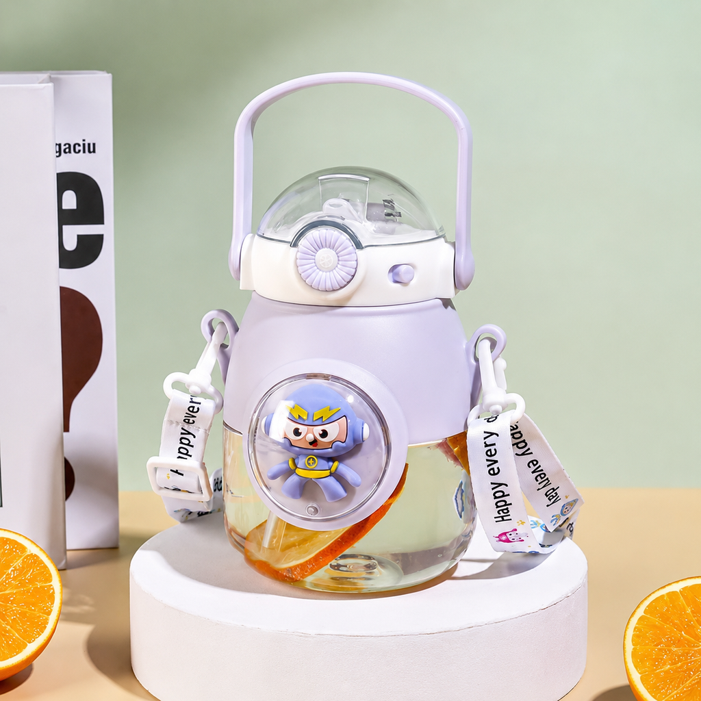 Purple kids water bottle with crossbody strap printed Happy Every Day, styled with oranges