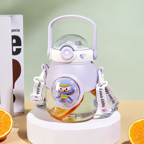 Purple kids water bottle with crossbody strap printed Happy Every Day, styled with oranges