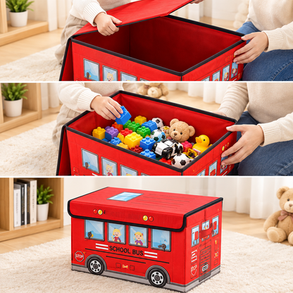 Red school bus toy storage box open being filled with toys and blocks